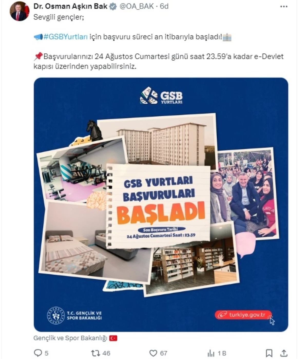 Gençlik ve Spor Bakanlığı’na Yurt Başvuruları Başladı