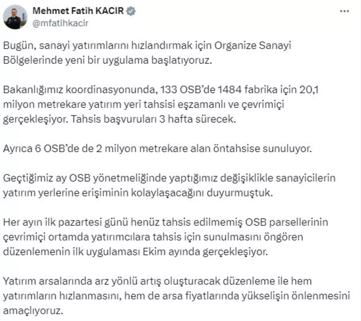 OSB’lerde Yeni Uygulama ile Sanayi Yatırımları Hızlanacak