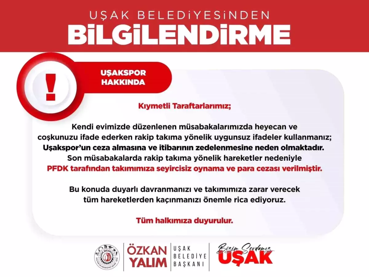 Uşakspor’a Taraftarından Dolayı Seyircisiz Oynama Cezası